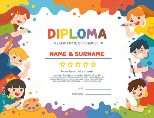 Illustration Of Certificate kids diploma, Cute children have fun and ready to get painting together. Template for advertising brochure. Children look up with interest. Art kids.