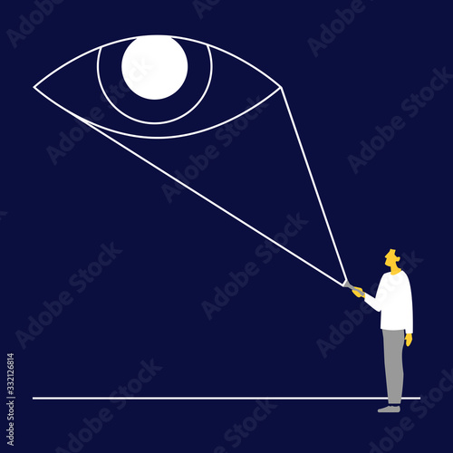 Hombre iluminando la oscuridad con una linterna. Concepto de exploración y aprendizaje. Perspectiva empresarial innovadora.