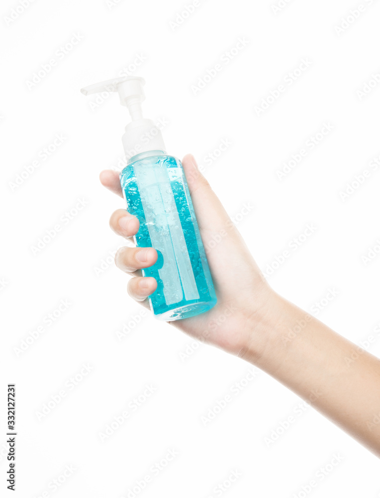 Hand show alcohol blue gel isolated on white background protect virus corona covdc 19 or using hair gel Hand show alcohol blue gel isolated on white background protect virus corona covdc 19 or using hair gel