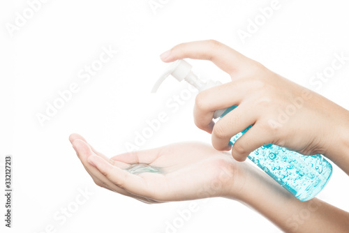 Washing hand with alcohol blue gel isolated on white background protect virus corona covid 19 or using hair gel