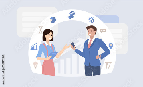 Business consultation concept with a young woman and businessman using a tablet and smartphone to communicate over the internet with graphs and business icons, vector illustration