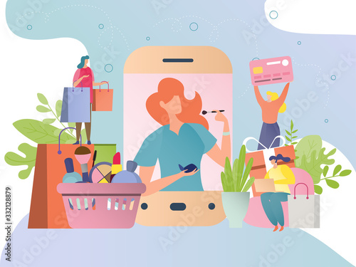 Beauty blogger concept, fashion woman cosmetics and makeup tutorial online, people vector illustration. Video blog makeup advertisement, female fashion store review, beauty content internet video