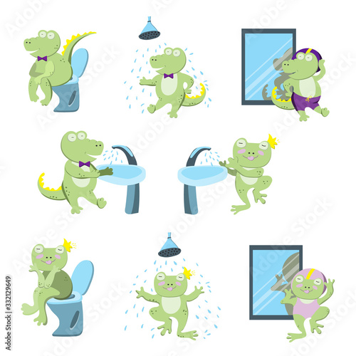 Cute green crocodile and funny frog  use the bathroom,  wash their hands, take a shower, wear a caps.Set of character on white background illustrate the actions in the bathroom and toilet for children