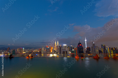 Photography City skyline at famous rooftop swiming pool at evening , with night city Kuala L