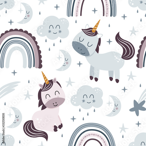 seamless pattern with unicorn and rainbow on a white background - vector illustration  eps