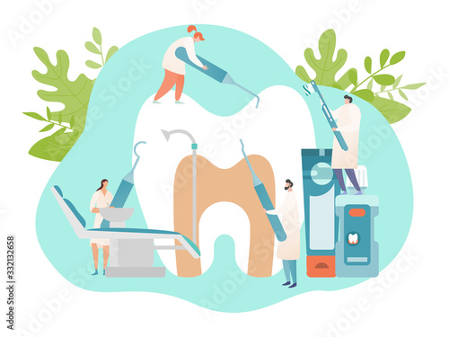 Dental office banner concept, oral hygiene and tooth care poster, tiny people with tools, vector illustration. Dentist cartoon character in medical clinic, dentistry checkup and healthcare treatment