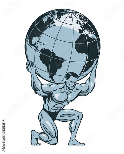 Atlas or titan kneeling carrying lifting globe world earth on his back. Bodybuilder. Vector illustration. photo