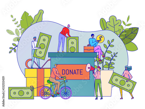 Charity donation concept, tiny people put money in box, cartoon characters in flat style, vector illustration. Cheerful men and women donate money to charity project campaign, volunteer help support