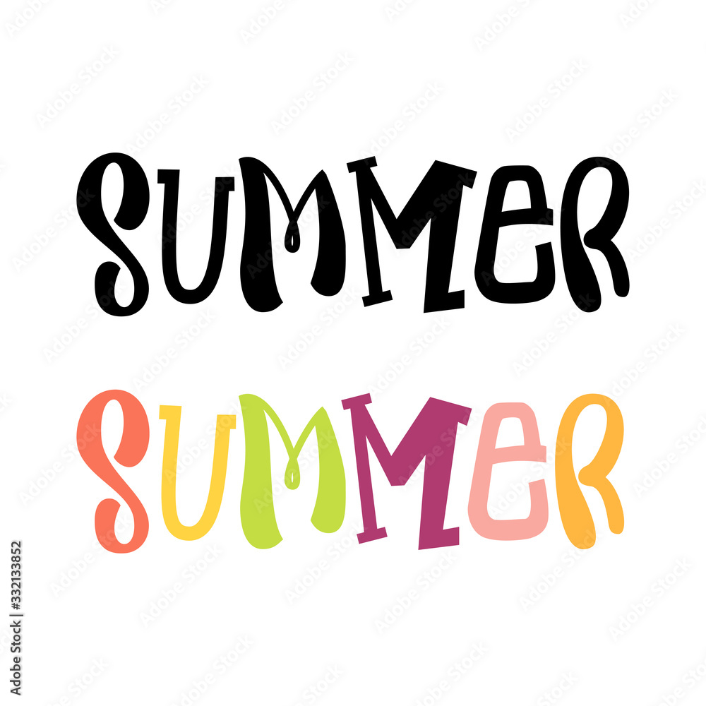Set of Summer word with different letters. Typographic design element for poster, print, social media, advertizing. Isolated on white background. Hand lettered word. Set of Summer word with different letters. Typographic design element for poster, print, social media, advertizing. Isolated on white background. Hand lettered word.