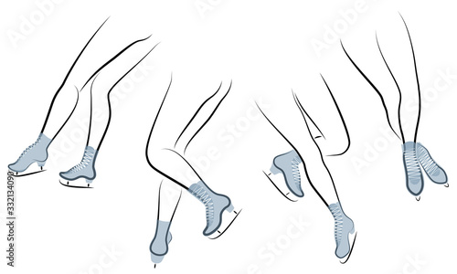Collection. Silhouette of beautiful slender female legs in skates. Girl gymnast, lady dancing, figure skating. Vector illustration set