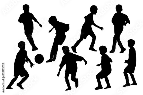 Boys playing football. Sport group silhouettes set on white background