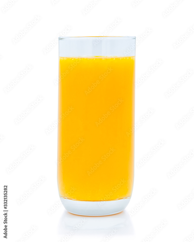 Close-up of Glass squeezed orange juice, yellow color isolated on white background. Organic tropical fruit drink from natural. Concept food is vegetarian for a healthy. Close-up of Glass squeezed orange juice, yellow color isolated on white background. Organic tropical fruit drink from natural. Concept food is vegetarian for a healthy.
