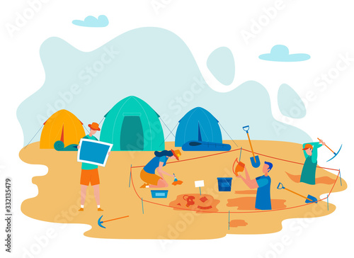 Archeological Expedition Flat Vector Illustration. Archeology Excavation, Scientists Campsite. Archaeologists Digging Using Instruments and Tools, Searching Antique Artifacts Cartoon Characters