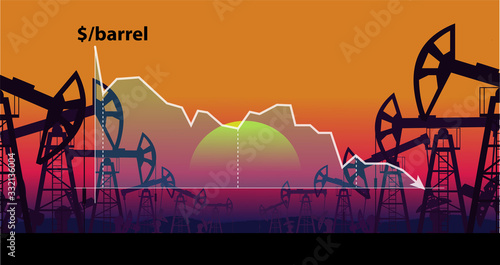 Industrial landscape of oil production against the background of a graph of falling prices per barrel vector illustration