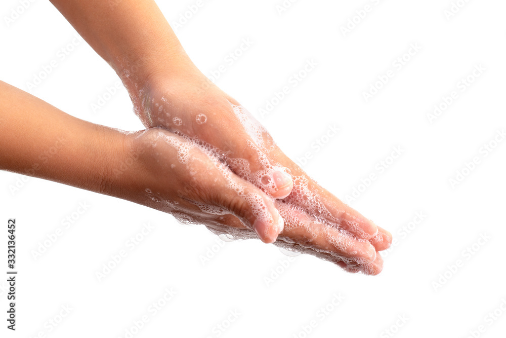 Close-up photo of soaped children's hands. Close-up photo of soaped children's hands.