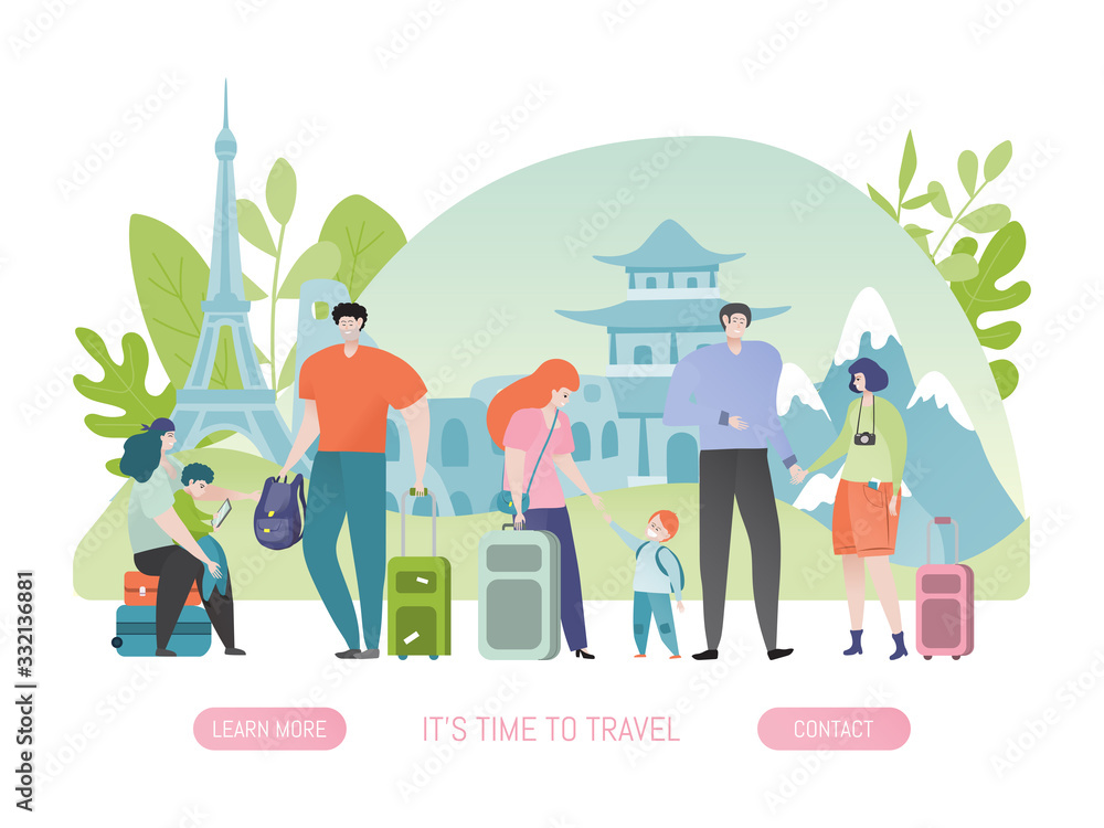 Fototapeta premium Group of tourists on sightseeing trip, happy family and couple with suitcase, people cartoon characters, vector illustration. Men and women journey vacation, travel agency website template design