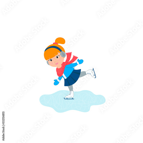Cute little girl in warm clothes skating happy. Vector Illustration