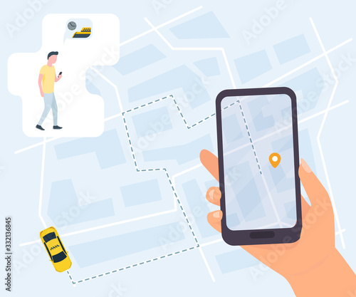 Urban taxi service vector illustration. Man calling a taxi, hand holding smartphone with taxi app.Tracking system with destination point on city map, top view.