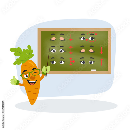 Cute kawaii carrot. Set of exercises for the eyes. Good eyesight vector cartoon style