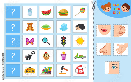 Educational worksheet for kids. Game for Kids.  Match of senses and objects. The picture of senses and objects - touch, taste, hearing, sight, smell