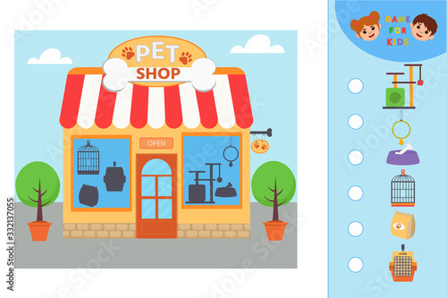 Education logic game for preschool kids. Kids activity sheet. Find the right shadow. Pet shop and accessories for pets.  Children funny riddle entertainment.