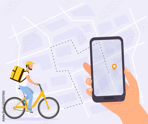 Food delivery vector illustration. Courier man on bicycle with yellow parcel box on the back. Hand holding smartphone with finish point on city map. Top view.