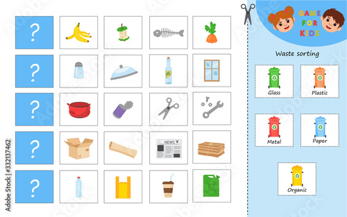 Game for children with pictures. Sorte the waste: glass, metal, paper, organic, plastic. Activity for pre school years kids and toddlers.
