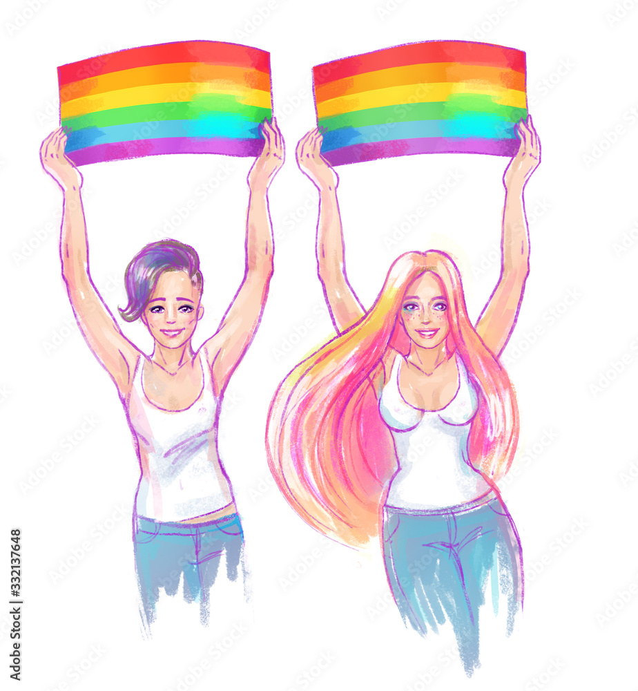 Love parade. Young female character holding rainbow colored flag. Lesbian  girl. LGBT community concept. Gay woman. Raster sketchy illustration  isolated. Coming out concept. Иллюстрация Stock | Adobe Stock