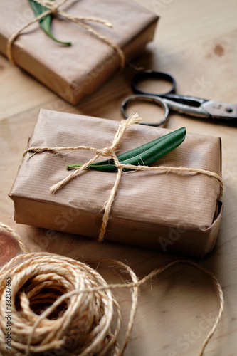 Kraft paper wrapped gift packages