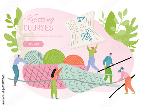 Knitting hobby course concept, tiny people cartoon characters in flat style, vector illustration. Creative handmade leisure, woolen crochet and yarn balls. Educational workshop website design template