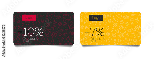 Set of discount cards for grocery food store with food and beverages line pattern shopping basket illustration with discounts numbers and logo, loyalty program club