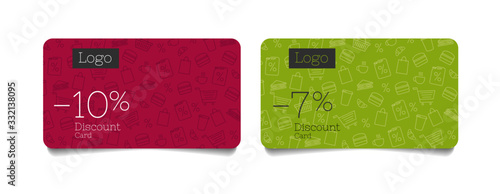 Set of discount cards for grocery food store with food and beverages line pattern shopping items illustration discounts digits and logo, loyalty program club