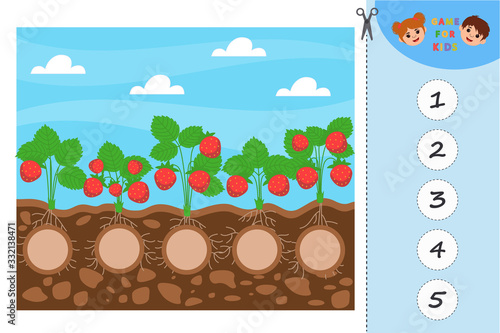 Game for Preschool Children.  Educational a mathematical game. Garden.  Count how many strawberries are on the bush.  Activity page for kids. Logic puzzle