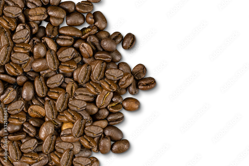 Fototapeta premium Medium coffee roasted beans isolated on white background. with clipping paths. Grind to brew various coffee recipes.