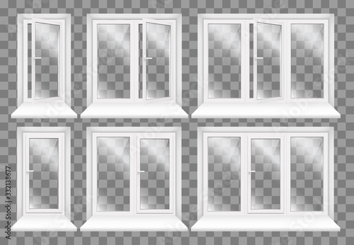 Set of transparent metal plastic windows. Energy cost saving easy to care plastic pvc window frames. 6 realistic facade icons isolated on transparent background.