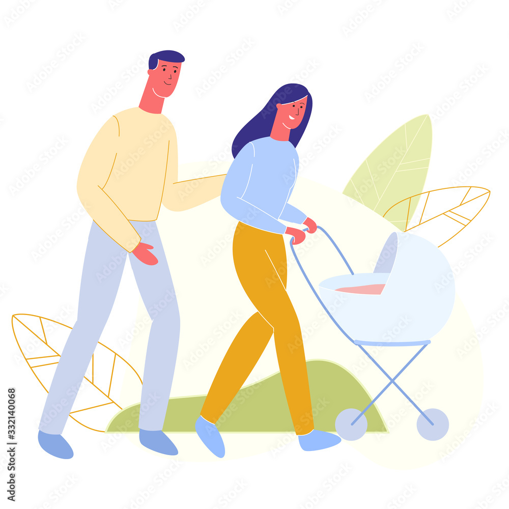 Fototapeta premium Man and Smiling Woman with Blue Baby Stroller Walk in Park. Family Walking. People Walk in Park. Vector Illustration. Happy Family Spends Time Together in Park Area. Young Parents.