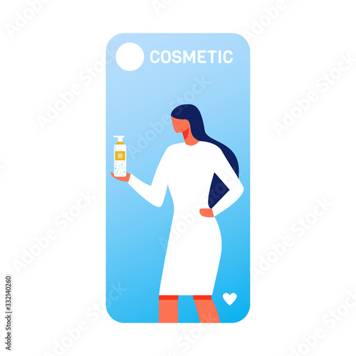 Flat Cartoon Woman Character Advertise Natural Lotion. Skincare Cosmetic with New Nanoformula. Mobile Webpage, Cover for Online Shop in Social Network. Beauty Industry Vector Illustration