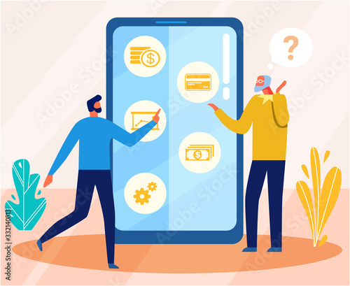 Cartoon Young Man Showing Elderly Nuances of Mobile Use. Guy Answering on Old Male Question about Smart Phone Application Usage. Son Teaching Aged Father Work with Device. Vector Flat Illustration