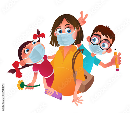 Family characters wearing protective medical masks from coronavirus prevention method. Vector cartoon illustration of a mother and children with hygiene or surgical masks isolated on white background