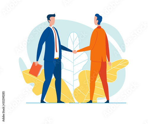 Businessmen in Lounge suits, Experienced Competitors or Partners of Long Standing, Shaking Hands, Greeting, or Being Glad for Successful Completion of Negotiations or Effective Cooperation