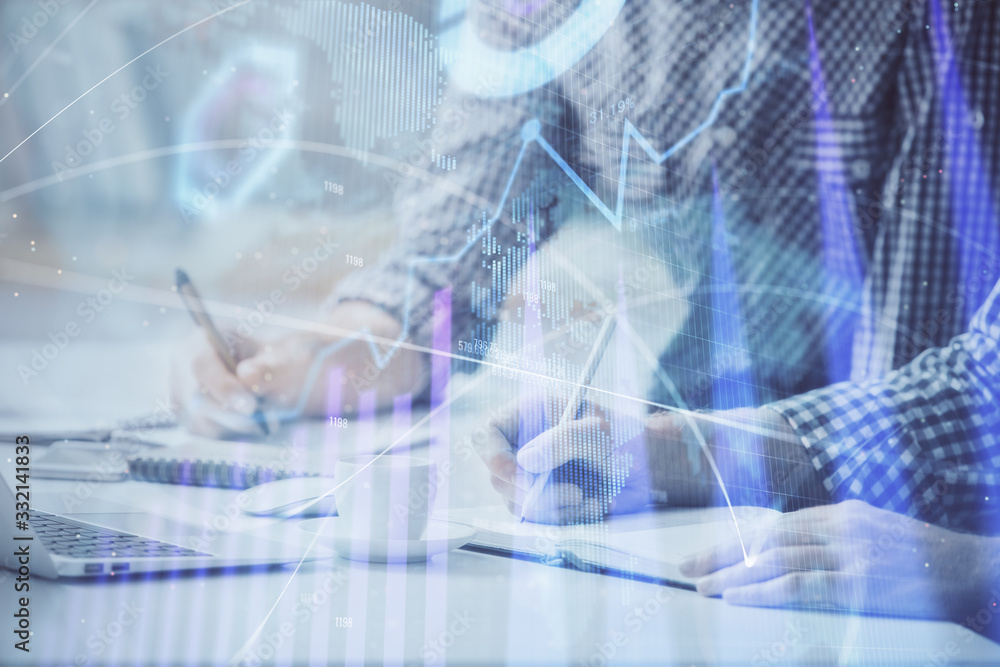 Multi exposure of forex chart with man working on computer on background. Concept of market analysis. Multi exposure of forex chart with man working on computer on background. Concept of market analysis.