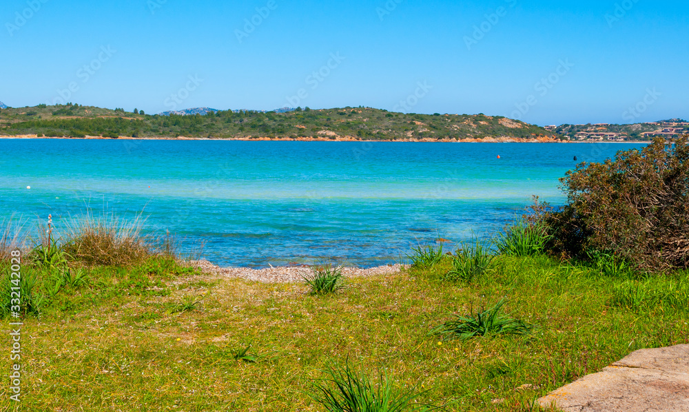 Turquoise sea and green grass in Costa Smeralda in springtime