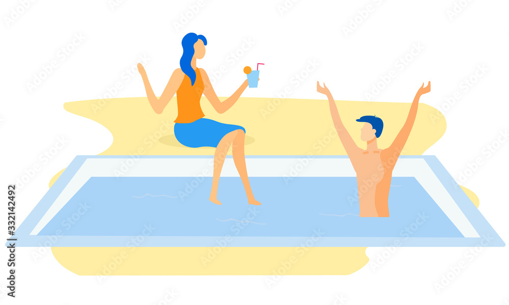 Informative Banner Summer Vacation by Pool Flat. Desire to Enjoy Communication with Partner. Guy and Girl have Fun in Summer on Vacation. Girl Sitting by Pool with Cocktail. Vector Illustration.