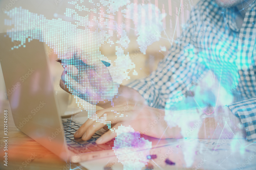 Multi exposure of forex graph with man working on computer on background. Concept of market analysis. Multi exposure of forex graph with man working on computer on background. Concept of market analysis.
