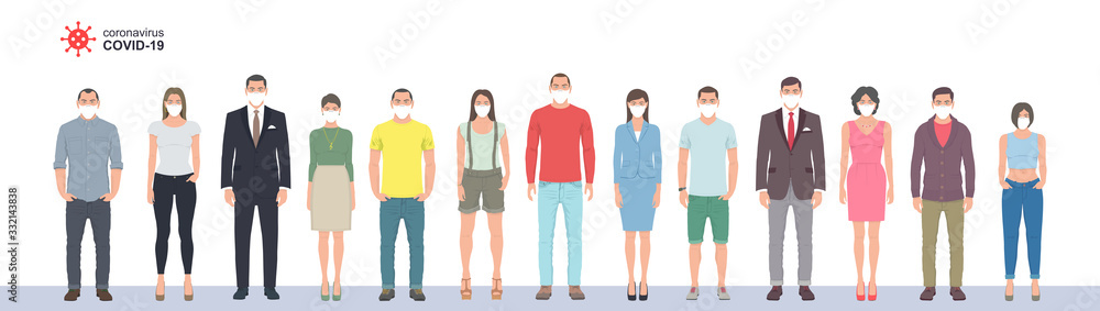 Group of People in protective medical face masks. Coronavirus COVID-19 virus. isolated on white background