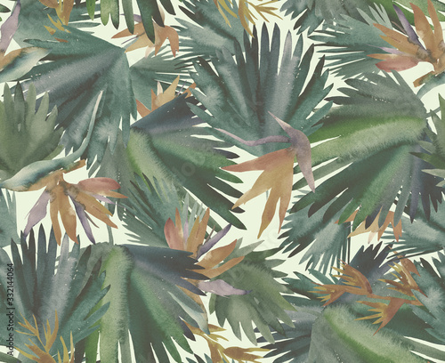 Tropical seamless pattern with tropical flowers, banana leaves.  Round palm leaves, watercolor painted  photo