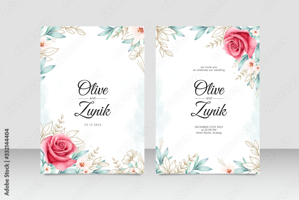 Beautiful wedding card template with handrawn and watercolor floral