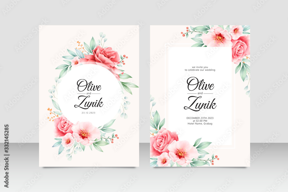 Elegant wedding card set template with flowers and leaves watercolor