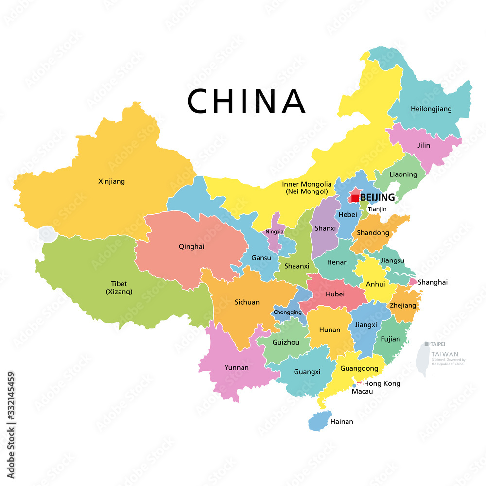 China, political map with multicolored provinces. PRC, People's Republic of China with capital Beijing, borders and administrative divisions. English labeling. Isolated illustration over white. Vector