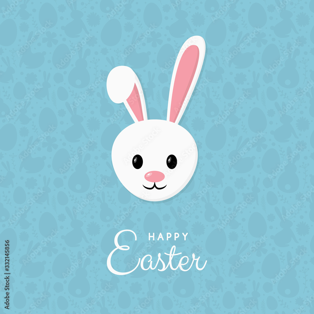 Happy Easter. Greeting card with smiley bunny on blue background with pattern. Vector Happy Easter. Greeting card with smiley bunny on blue background with pattern. Vector
